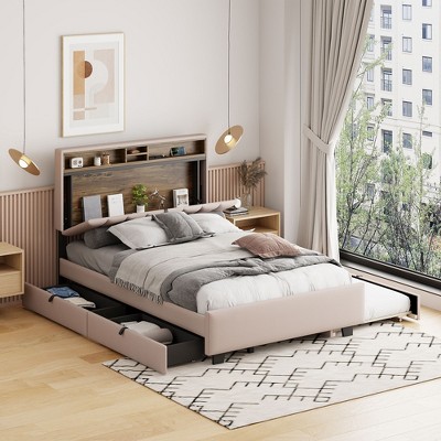 Full/Queen Size Upholstered Platform Bed with Storage Headboard, Twin Size Trundle, 2 Drawers and Sockets & USB Ports, 4L -ModernLuxe