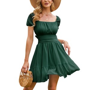 EXLURA Women's 2025 Summer Short Puff Sleeve Casual Short Mini Dresses Tie Back Square Neck A-Line Sundress - 1 of 4