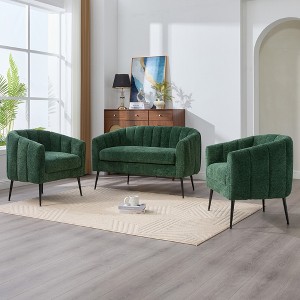 3-Piece Chenille Living Room Furniture Set ¨C Channel Tufted Loveseat & 2 Accent Chairs with Metal Legs, Mid-Century Modern Sofa Set - 1 of 4