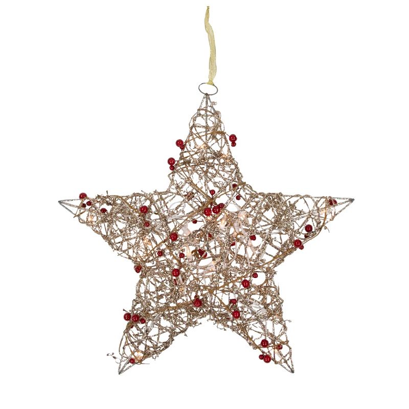Northlight 18" Lighted Champagne Gold Glittered Rattan Berry Hanging Star Christmas Window Decoration, 3 of 7