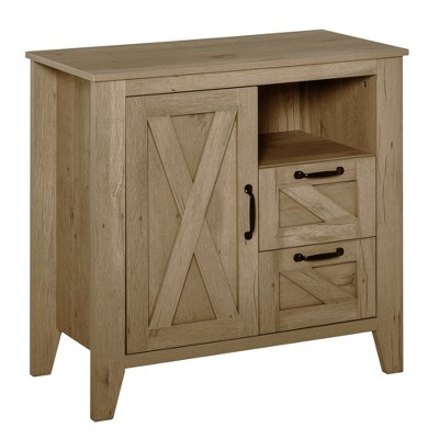 HOMCOM Farmhouse Sideboard Serving Buffet with Cabinet Open Shelf 2 Drawers and Open Countertop Oak Finish