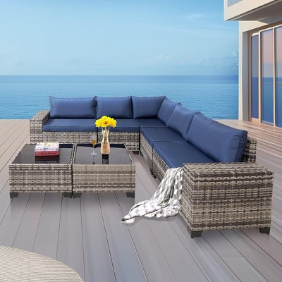 Modern 7 Piece Outdoor Patio Furniture Set with Cushion,5 Outdoor Patio Wicker Rattan Sectional Sofa and 2 Glass Top Coffee Table-Coolbibila