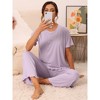 cheibear Women's Pajama Set Ruffle Round Neck Soft Knit Short Sleeve Shirt with Pants Capri Loungewear - 3 of 4