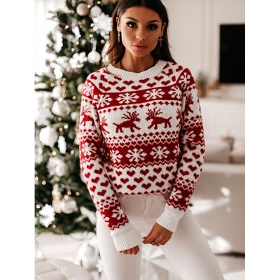 Coolmee Women's Christmas Snowflake Reindeer Knitted Sweater Long Sleeve Crew Neck Heart Animal Print Pullover Knitwear