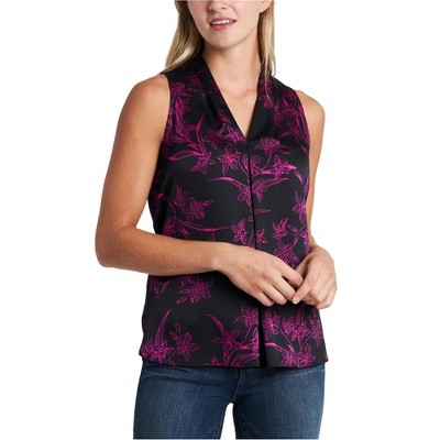 Vince Camuto Womens Inverted Pleat Floral Pullover Blouse, Black, X-Small