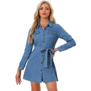 Allegra K Women's Belted Long Sleeves Button Front Denim Shirt Dress - 1 of 4