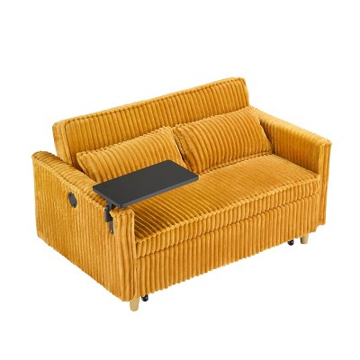TiramisuBest Beige Corduroy Sofa: Dual-Function Pull-out & Push-in Design, Comes with Movable Tabletop and USB Ports, for Living Rooms and Bedrooms!