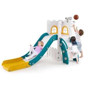 Costway 6 in 1 L-shaped Toddle Slide for Toddlers Age 1-3 Baby Slide with Basketball Hoop Gray + Pink/Gray + White/Yellow + Green - 1 of 4