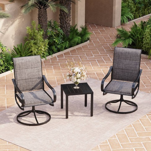 3pc Patio Dining Set with Small Square Table 360 Swivel Padded Arm Chairs Captiva Designs