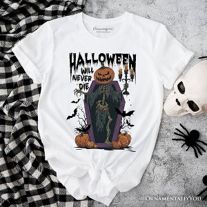Halloween Will Never Die T-Shirt, Vintage Pumpkin Coffin Skeleton Tee| OrnamentallyYou - 1 of 4