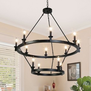 LNC Bohonicist  12-Light 39.4" Modern  Tiered Wagon Wheel Oversizded Chandelier,Black - 1 of 4