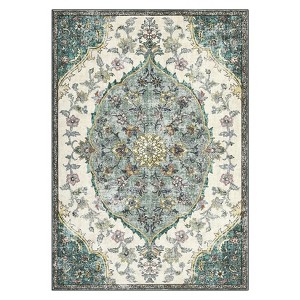 2 x 6 ft Polyester  Imitation Green Rectangular Hallway Bathroom Entryway Kitchen Office Foldable Flower Printed  Washable Area Rug - 1 of 4