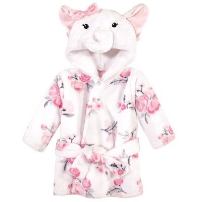 Hudson Baby Infant Girl Plush Animal Face Bathrobe, White Elephant, 0-9 Months