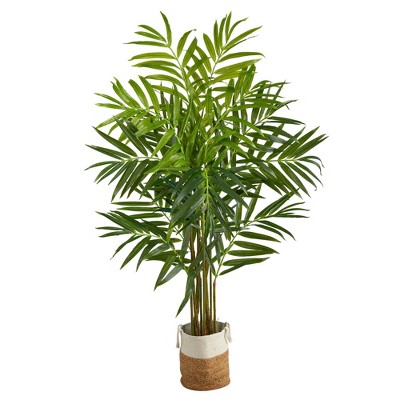 Nearly Natural 8-ft King Palm Artificial Tree with 12 Bendable Branches in Handmade Natural Jute and Cotton Planter