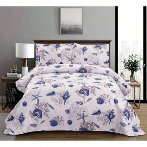 3 - Piece Coastal Sea Life Quilt Set, King Size, Beach Themed Bedding with Conch, Starfish, Coral - 1 of 4