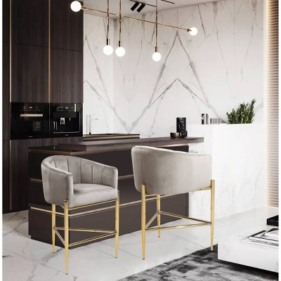 Cyrene Taupe Velvet and Gold Metal 32" Counter Stool Chair