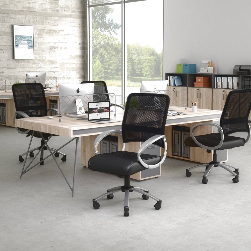 Mesh Back with Pewter Finish Task Chair Black - Boss Office Products: LeatherPlus Seat, Metal Base, Swivel Function