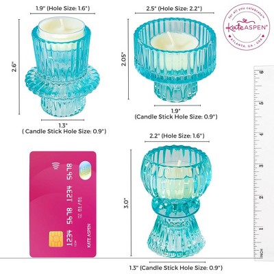 Blue Ribbed Glass Dual-Sided Candlestick and Tealight Holders Set
