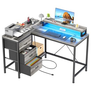 L Shaped Desk with Power Outlets & LED Lights, Computer Desk with Drawers & Shelves - 1 of 4