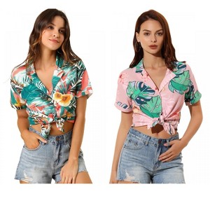 Allegra K Women's Hawaiian Floral Leaves Printed Short Sleeve Button Down Vintage Shirt 2 Pcs - 1 of 4