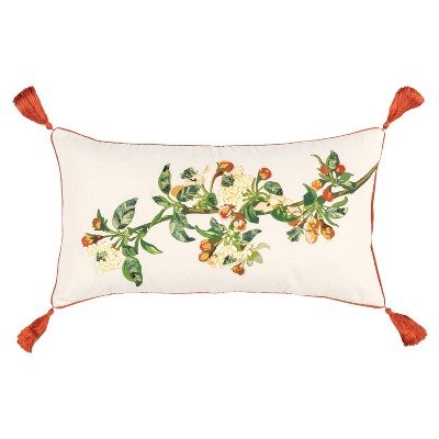 14"X26" Oversized Christmas Branch Poly Filled Lumbar Throw Pillow - Rizzy Home: Handcrafted, Embroidered, Tasseled