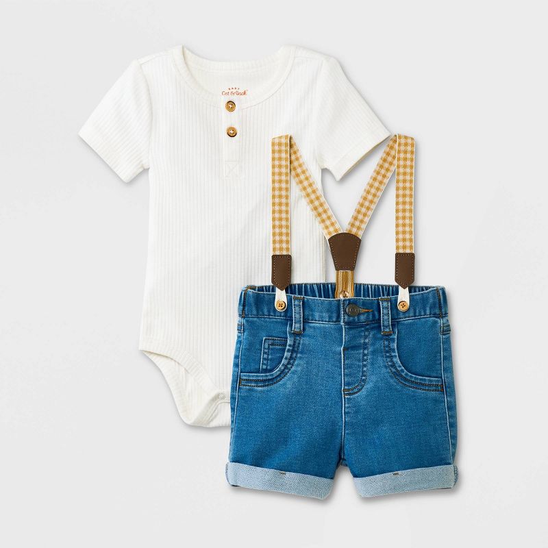 Baby Boys' Mini Man Denim Suspender Top & Bottom Set - Cat & Jack™ Cream/Blue, 1 of 6