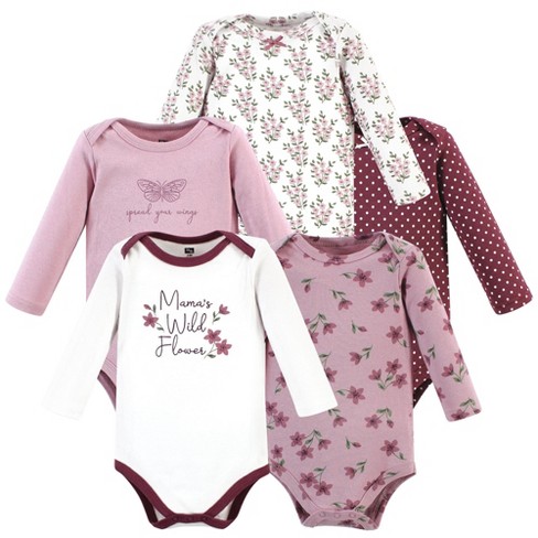 Hudson Baby Infant Girl Cotton Long-Sleeve Bodysuits, Plum Wildflower 5 Pack - image 1 of 4