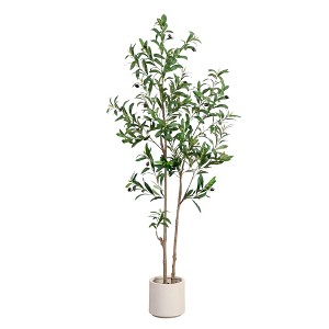 Nearly Natural 5-ft Artificial Minimalist Olive Tree in White Decorative Planter - 1 of 4