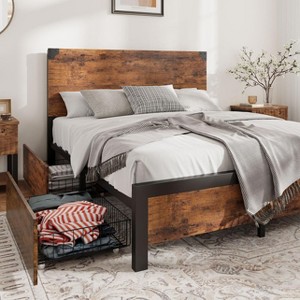 Full Size Bed Frame with Storage Drawers - Heavy Duty Metal Platform, Wooden Headboard, No Box Spring Needed, Vintage Brown - 1 of 4