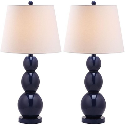 Elegant Navy Glass Table Lamp Set with Graduated Orbs and Off-White Shade