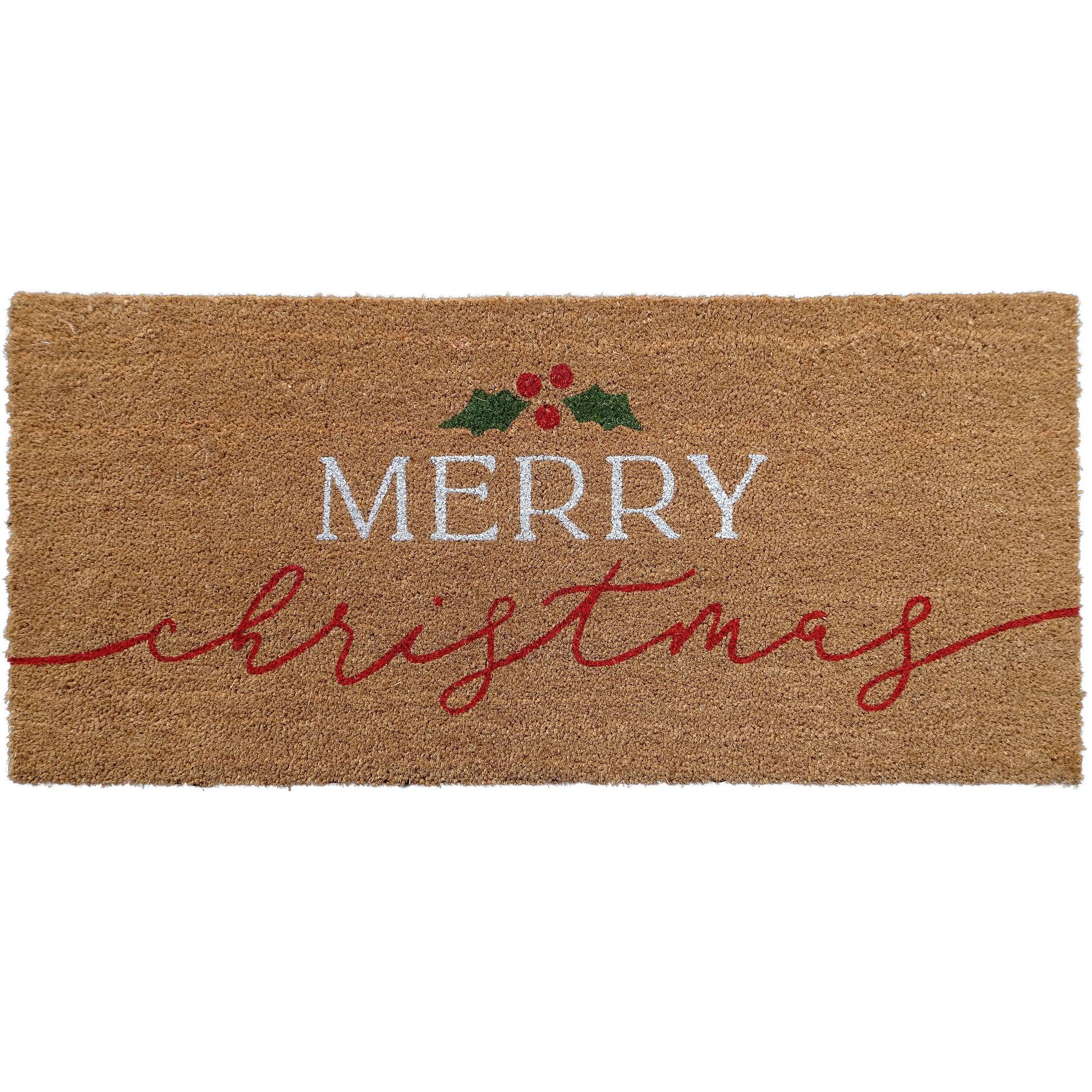 Merry Christmas Mistletoe Coir Doormat Red