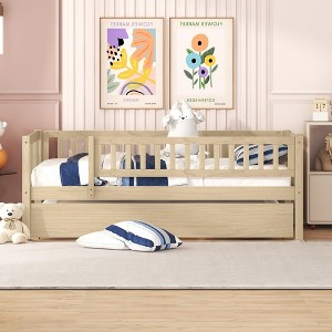 Bellemave Twin Trundle beds for Kids, Daybed with Trundle, Wood Twin Bed for Teens, Adults, No Box Spring Needed,Natural - 1 of 4
