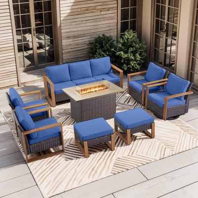 Buenhomino 8 Piece Patio Furniture Set with 41" Fire Pit Table Wicker Rattan Patio Sectional Sofa Set Outdoor Seating Furniture with Thickened Cushion
