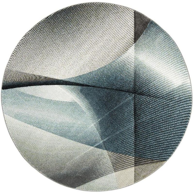 Grey and Teal Abstract Round High Pile Area Rug