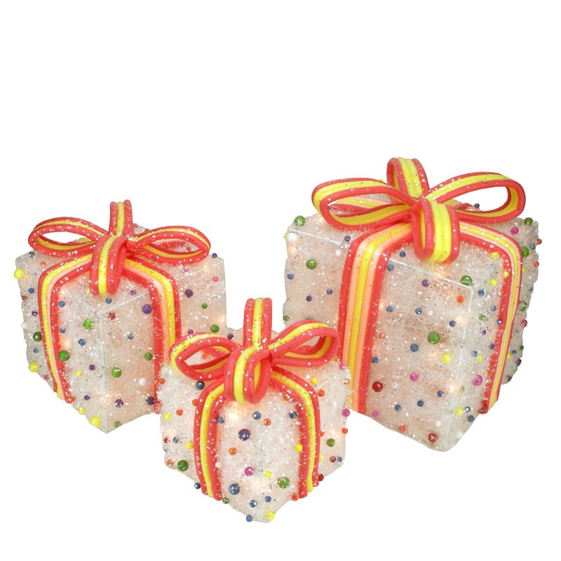 Northlight Set of 3 White Lighted Gift Boxes with Bows and Candy Christmas Outdoor Decor 11", 3 of 4