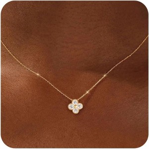 Non Tarnish 14K Gold Plated Four Leaf Clover Necklace Trendy CZ Emerald Pendant Necklace Jewelry - 1 of 4