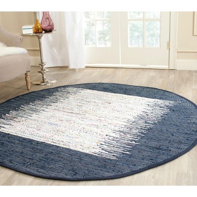 Ivory and Navy Round Handwoven Cotton Area Rug, 6' Diameter