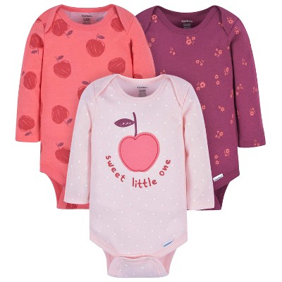 Image of Gerber Baby Girls' Long Sleeve Onesies Bodysuits - Apple Bouquets - Newborn - 3-Pack