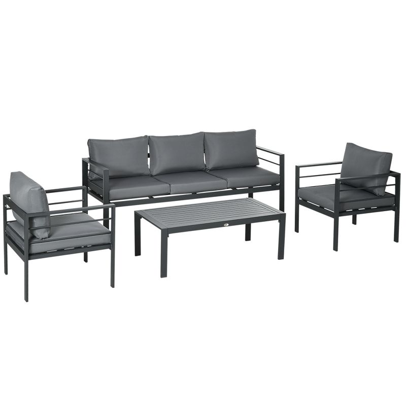 Outsunny Patio Furniture Set 4 Pieces, Outdoor Conversation Set with Water-Resistant Cushions, Coffee Table, 3-Seater Sofa, 2 Chairs for Porch, Gray, 4 of 7