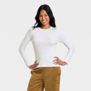 Women's Slim Fit Long Sleeve Embellished Ribbed Top - A New Day™ - 1 of 4