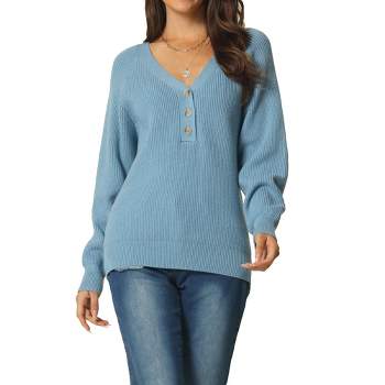 Seta T Women's Long Sleeve V Neck Button Front Solid Ribbed Knit Pullover Sweaters