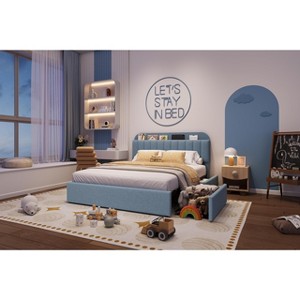 Upholstered Platform Bed Frame with Storage Headboard & Drawers, Velvet Fabric Bed for Kids/Teens, Solid Wood Slats, Low Profile - 1 of 4