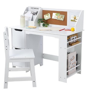 Study Desk and Chair Set with Bookshelf, Bulletin Board, and Cabinets for Kids Ages 3-8, White - 1 of 4