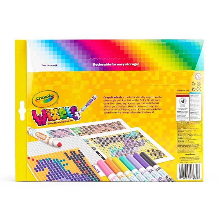 Crayola Wixels kit packaging featuring colorful pixel art designs, markers, and a color guide.