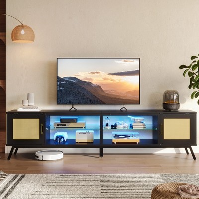 Bestier 80" Black TV Stand with LED for TVs up to 85", Rattan Mid Century Modern Entertainment Center, Black