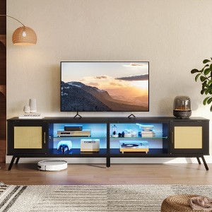 Bestier 80" Black TV Stand with LED for TVs up to 85", Rattan Mid Century Modern Entertainment Center, Black - 1 of 4
