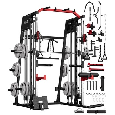 Smith Machine 2200 LBS, Multi-Function Squat Rack Power Cage with Smith Bar, LAT Pull-Down, Cable Systems, Leg Hold-Down and More Attachments