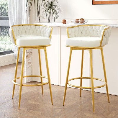 CAVINAS 31.5" Swivel Counter Height Bar Stools Set of 2, Velvet Low Back Upholstered Kitchen Chairs with Hand-Woven Backrest & Gold Metal Legs