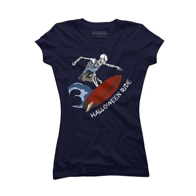 Junior's Design By Humans Halloween Surfing Zombie Skeleton Funny Costume t shirt By graceandfinn T-Shirt