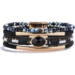 Leather Wrap Bracelet with Crystal Beads & Stone Charm, Boho Cuff with Clasp for Women - 1 of 4
